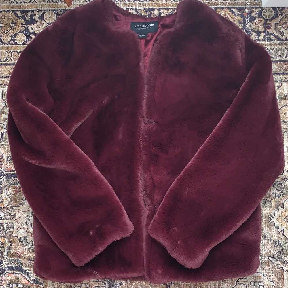 Liz Claiborne Plush Burgundy Faux Fur Coat XL